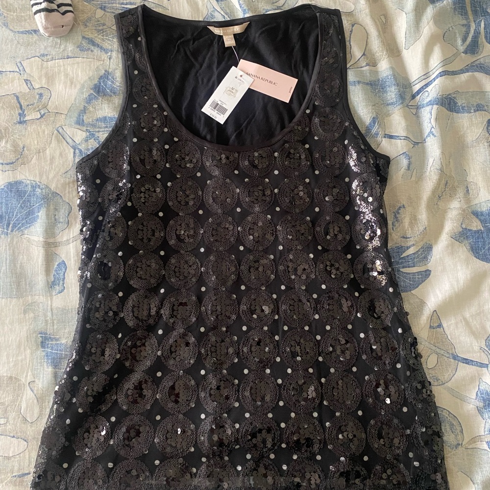 Banana Republic black sequin tank with polka dot underlay. NWT.